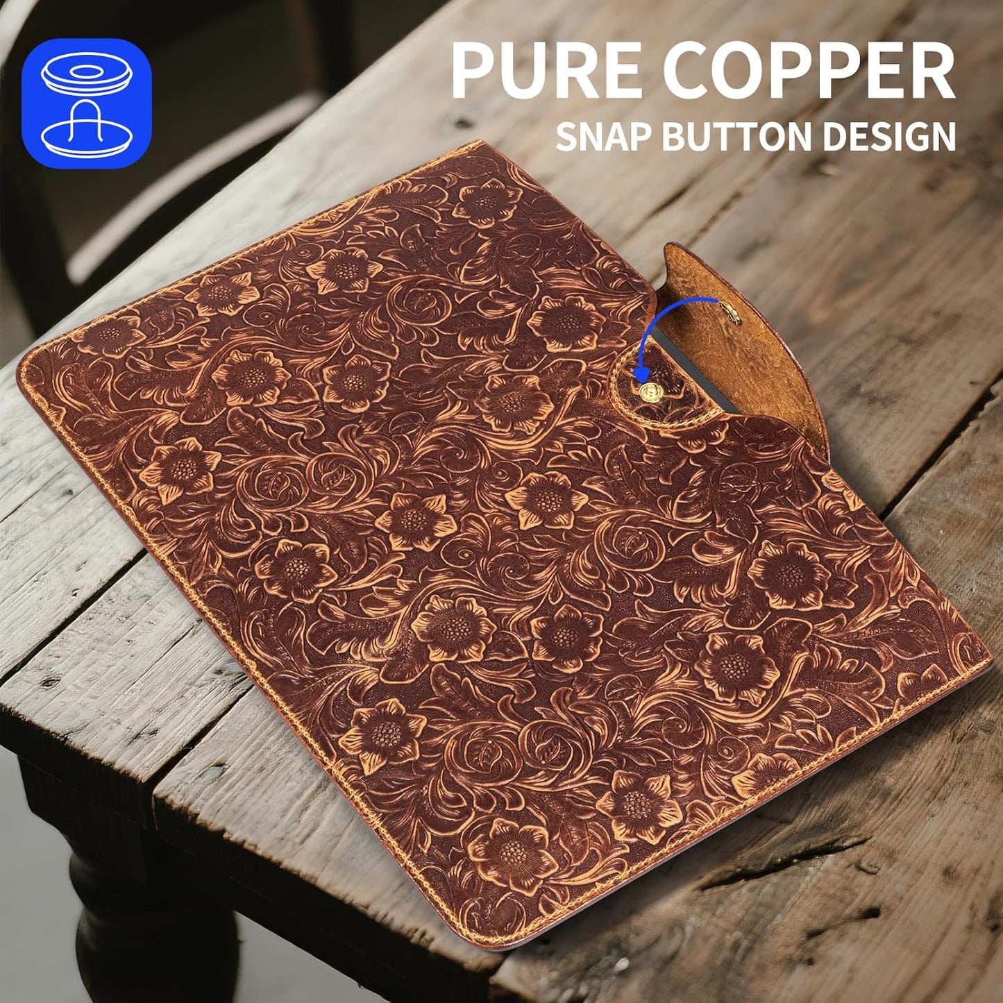 Genuine Leather Laptop Sleeve,Compatible with MacBook Pro 14 Inch M4 M3 M2 M1 Pro/Max Cover,Vintage Protective Computer Case with Floral Pattern,Brown