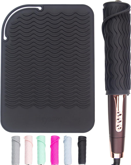 Heysam Heat-Resistant Silicone Mat for Curling Irons, Flat Iron Hair Straightener and Curler 2 in 1 Hair Styling Hot Tools, Flat Iron Travel Case Size 9.0 x 6.5 inches, Black