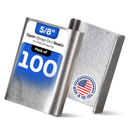IDL Packaging Open (Snap-On) Seals for 5/8" Strap Width Steel Strapping (Pack of 100) - Superior Holding Power - Sturdy Metal Clips for Securing Heavy Packaging and Pallet Banding