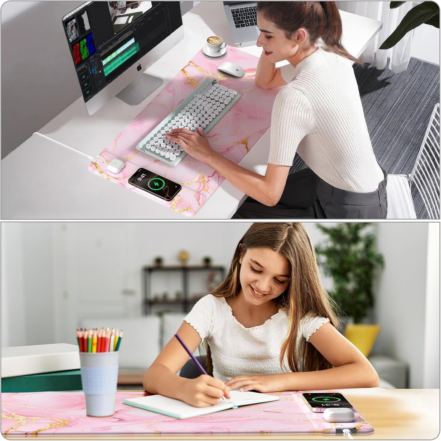 Wireless Charging Mouse Pad, 31.5"x15.8" Large Gaming Desk Mat for Keyboard/Laptop, Waterproof Ultra-Smooth Surface, Non-Slip Base, Pink Marble