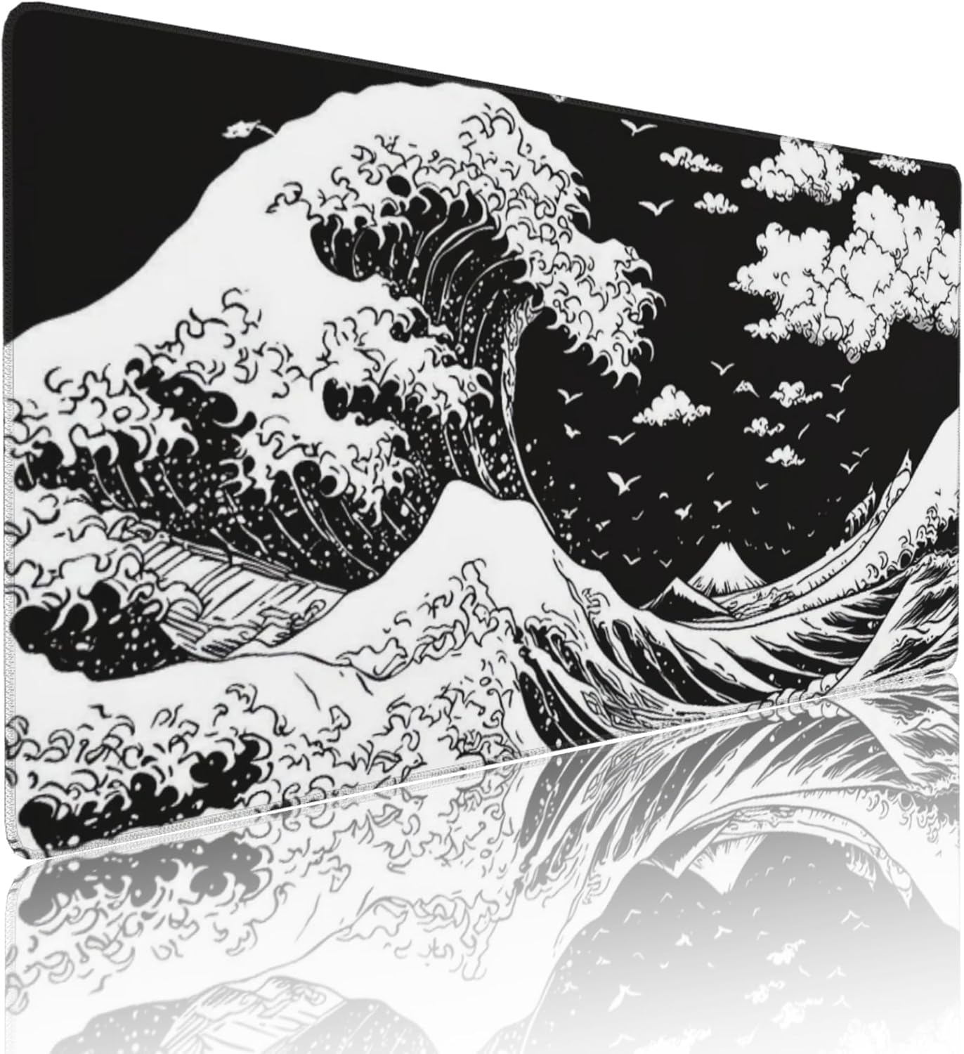 Japanese Sea Wave Large Mouse Pad, Anime Style Gaming Desk Mat, XXL Keyboard Desk Pad Mat for Desktop, 35.4"x15.7" Non-Slip Base Big Mousepad with Stitched Edges