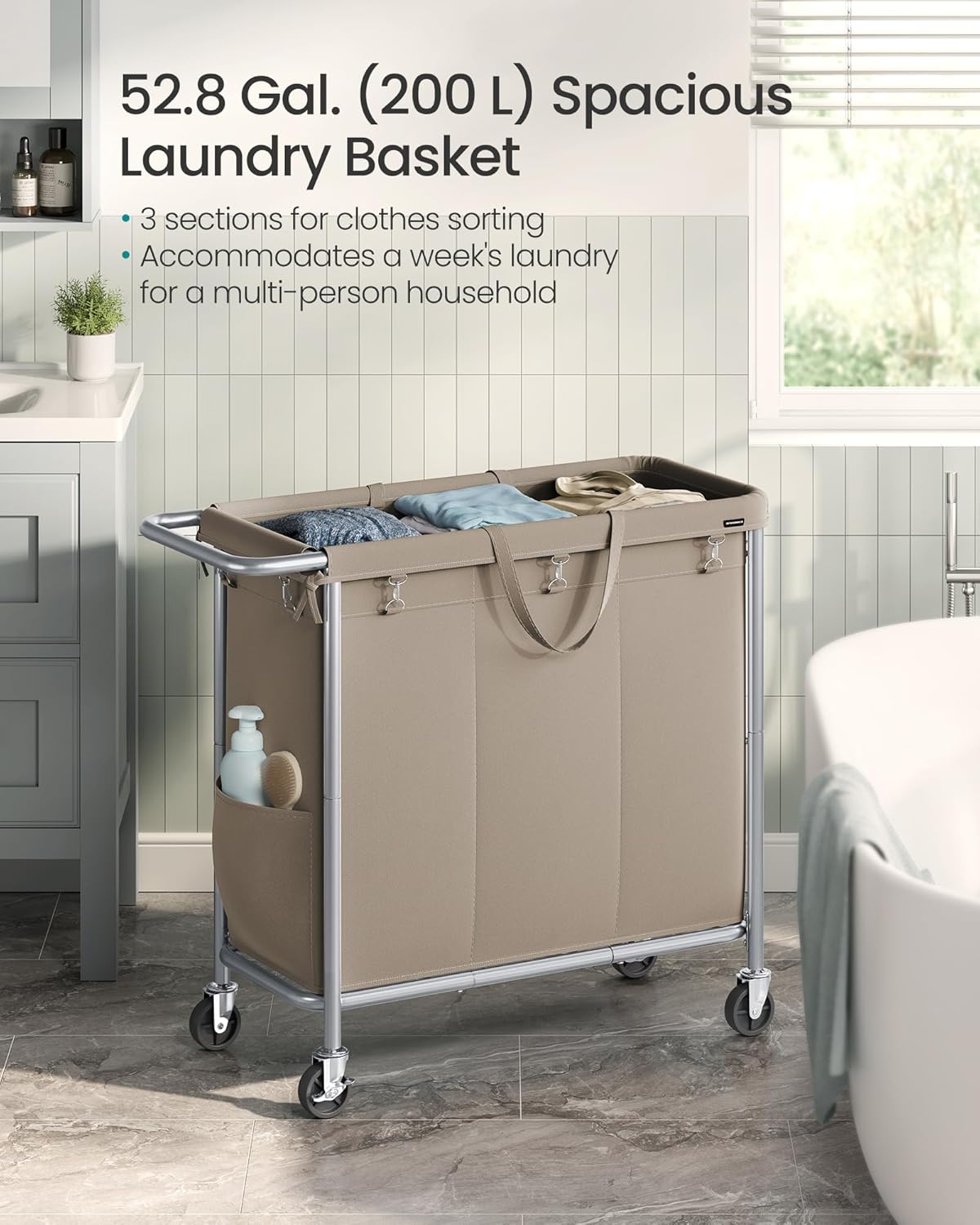 SONGMICS Laundry Basket with Wheels, 3-Section Rolling Laundry Hamper, 52.8 Gallons (200 L), Removable Liner, Steel Frame with Handle, 35.8 x 15.4 x 31.9 Inches, Camel Brown URLS005N01