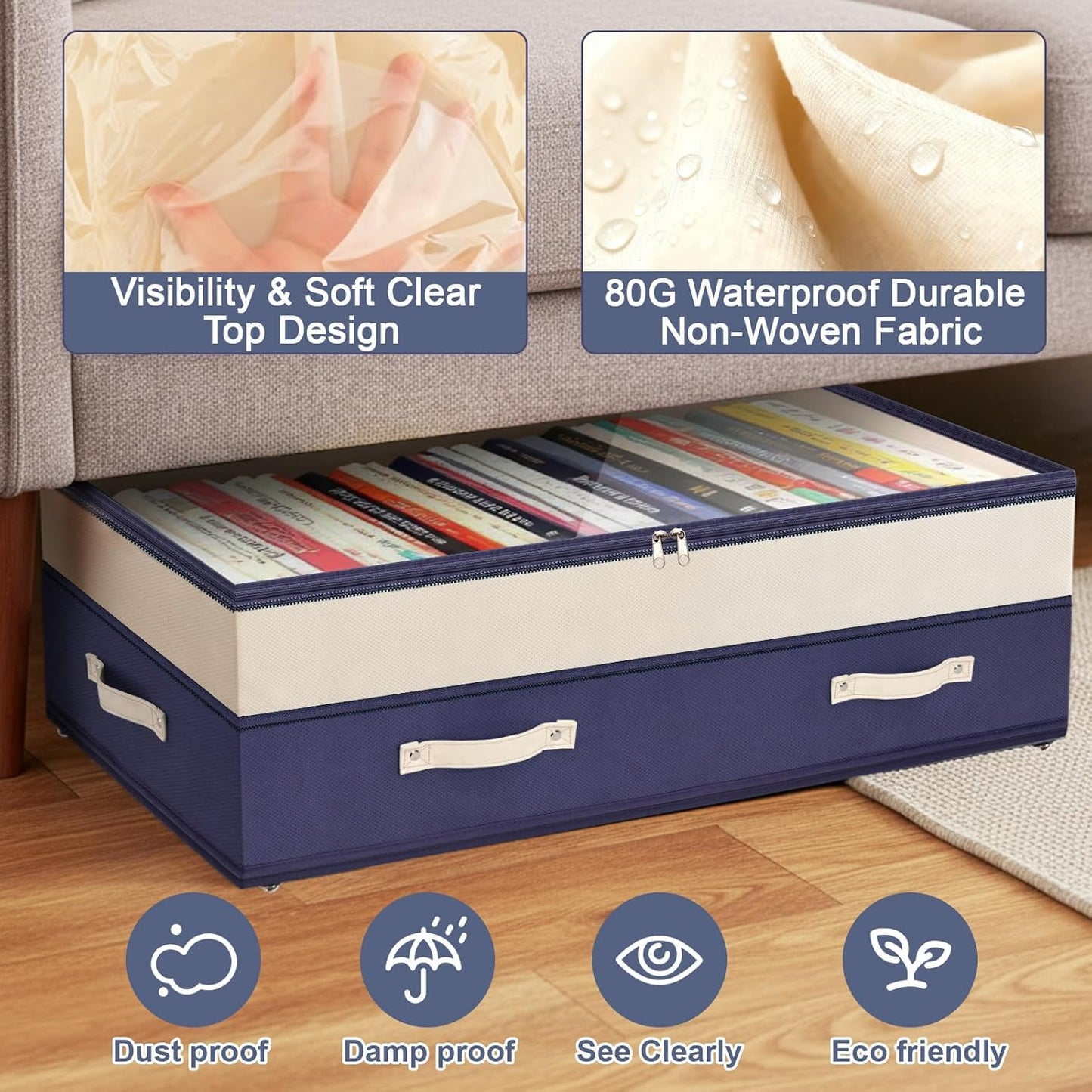 Dolicer 2 Pack Under Bed Storage with Wheels, 6in-10in Height Adjustable Underbed Storage Containers, 92L XXXL Under Bed Drawers Rolling Bin with Clear Lids for Dorm Shoes Clothes Organizers(Blue)