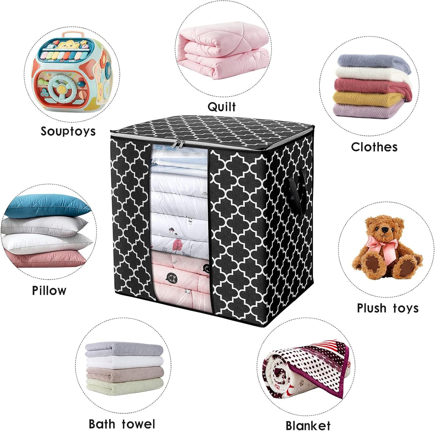 WISELIFE Storage Bags 6 Pack/100L Large Blanket Clothes Organization and Storage Containers for Comforters,Bedding, Foldable Organizer with Reinforced Handle, Clear Window, Sturdy Zippers,Black