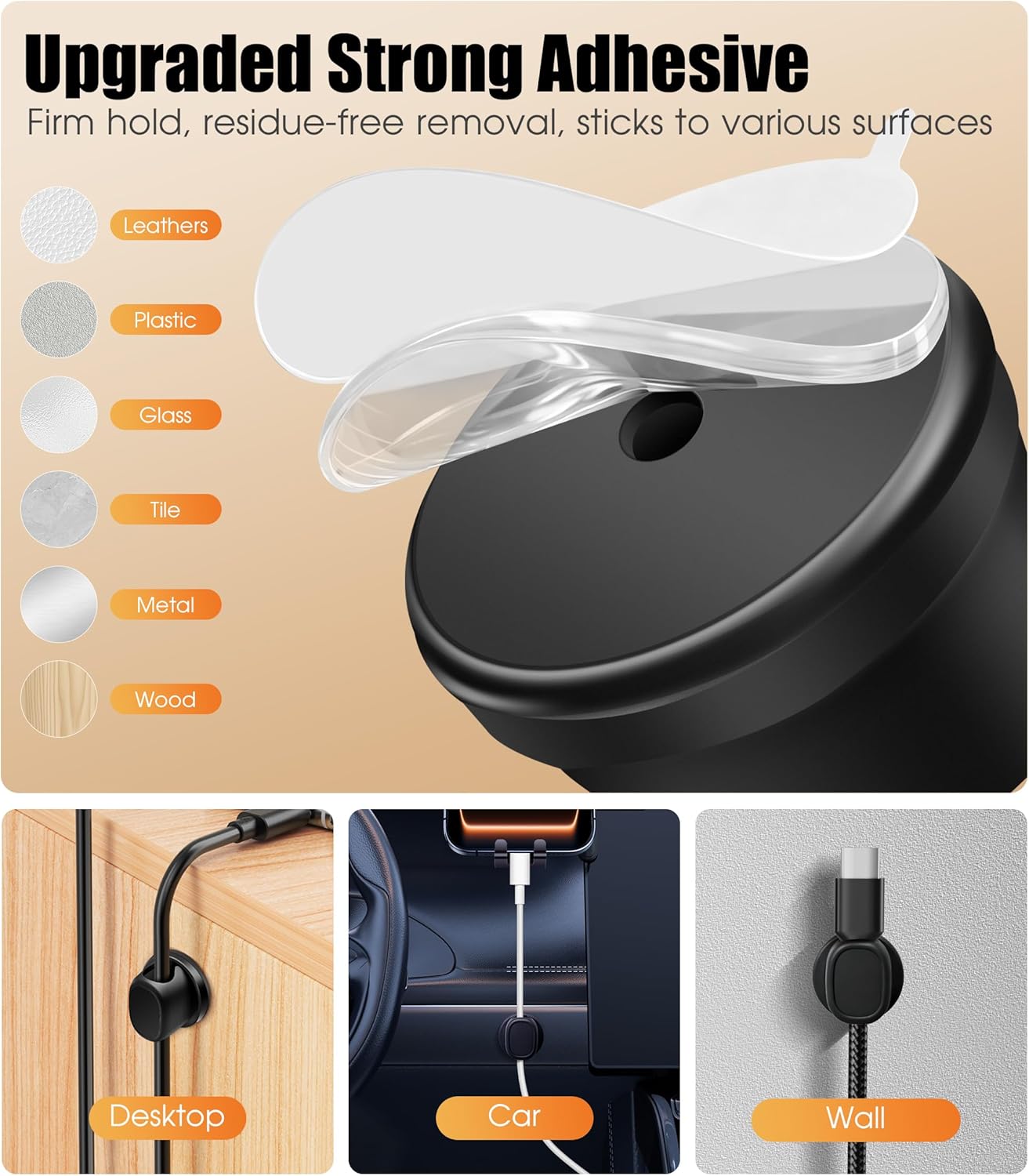 8 Pack Cord Organizer, Ω-Shaped Rotatable Cable Clips, Strong Adhesive Cable Management with Nails, Cord Holder for Nightstand, Desk, and Wall (Black)