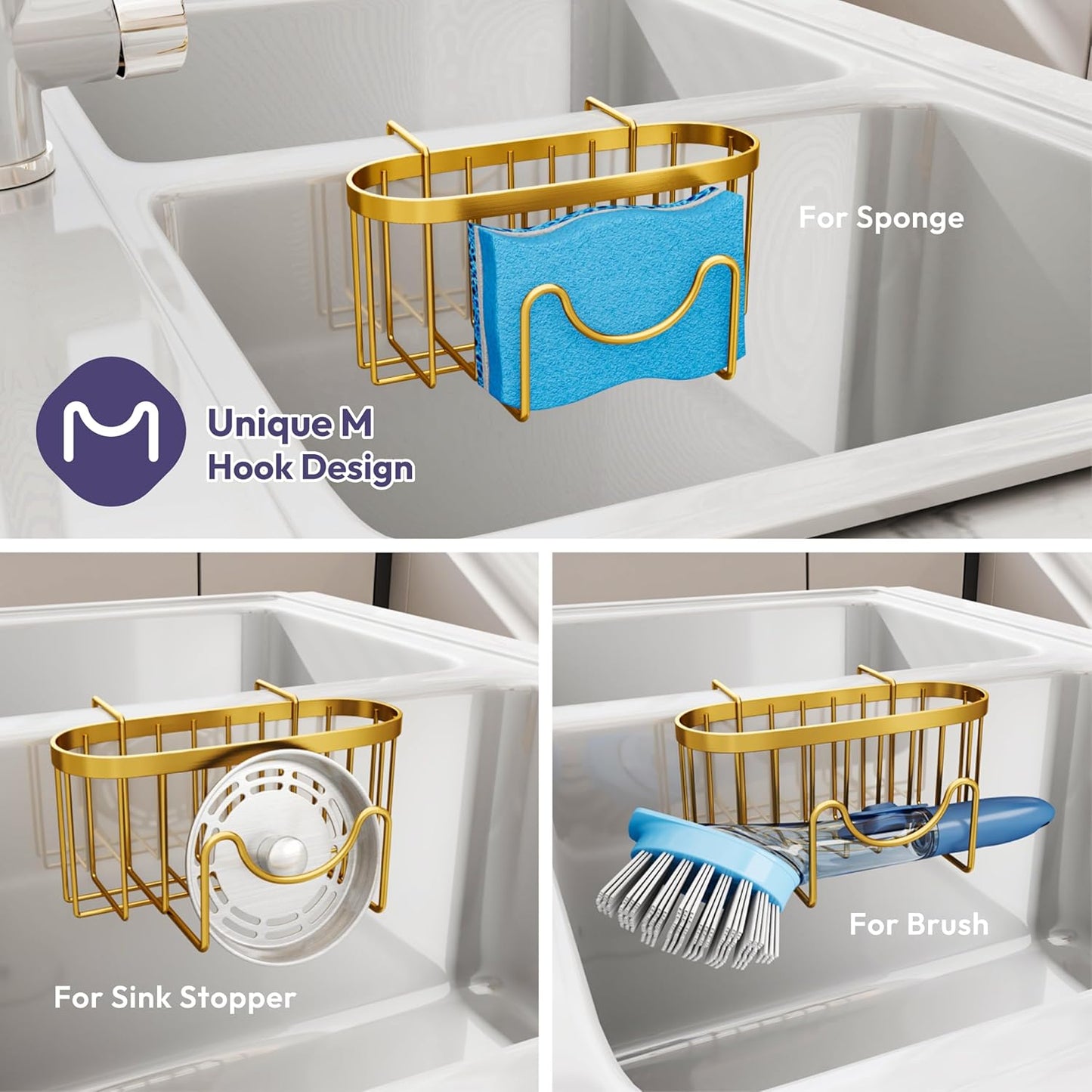 SWTYMIKI Sponge Holder for Kitchen Sink - Movable Kitchen Sink Caddy with M Shape Hook, Stainless Steel Hanging Sponge Caddy for Dish Sponge, Brush, Stopper Organizer in Double Sink, Gold