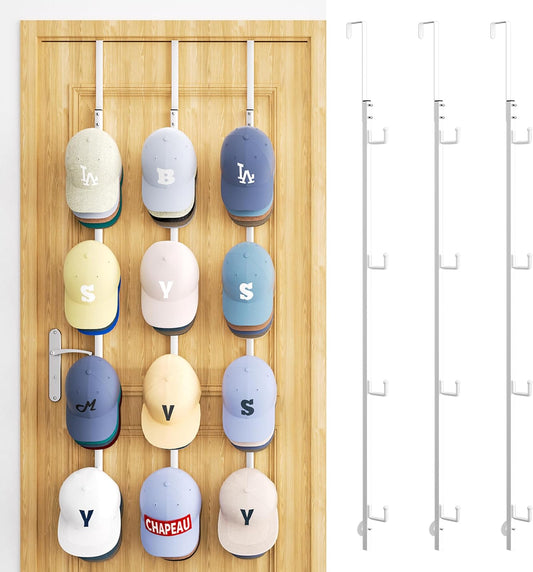 SWTYMIKI Over Door Hat Organizer - 3 Packs Metal Hanging Hat Rack with 12 Hooks Design, Baseball Cap Hanger Organizer Storage Holds up to 60 Caps for Door, Bedroom, Closet