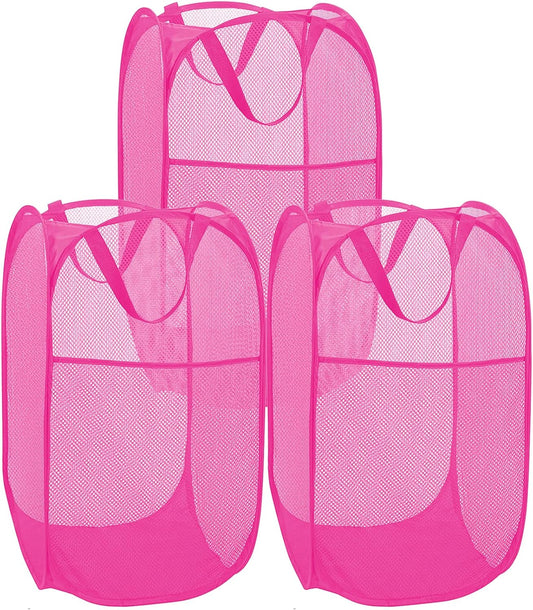 BATTOO Deluxe Strong Mesh Pop up Laundry Hamper Basket with Side Pocket for Laundry Room, Bathroom, Kids Room, College Dorm or Travel 3 Pack Blush