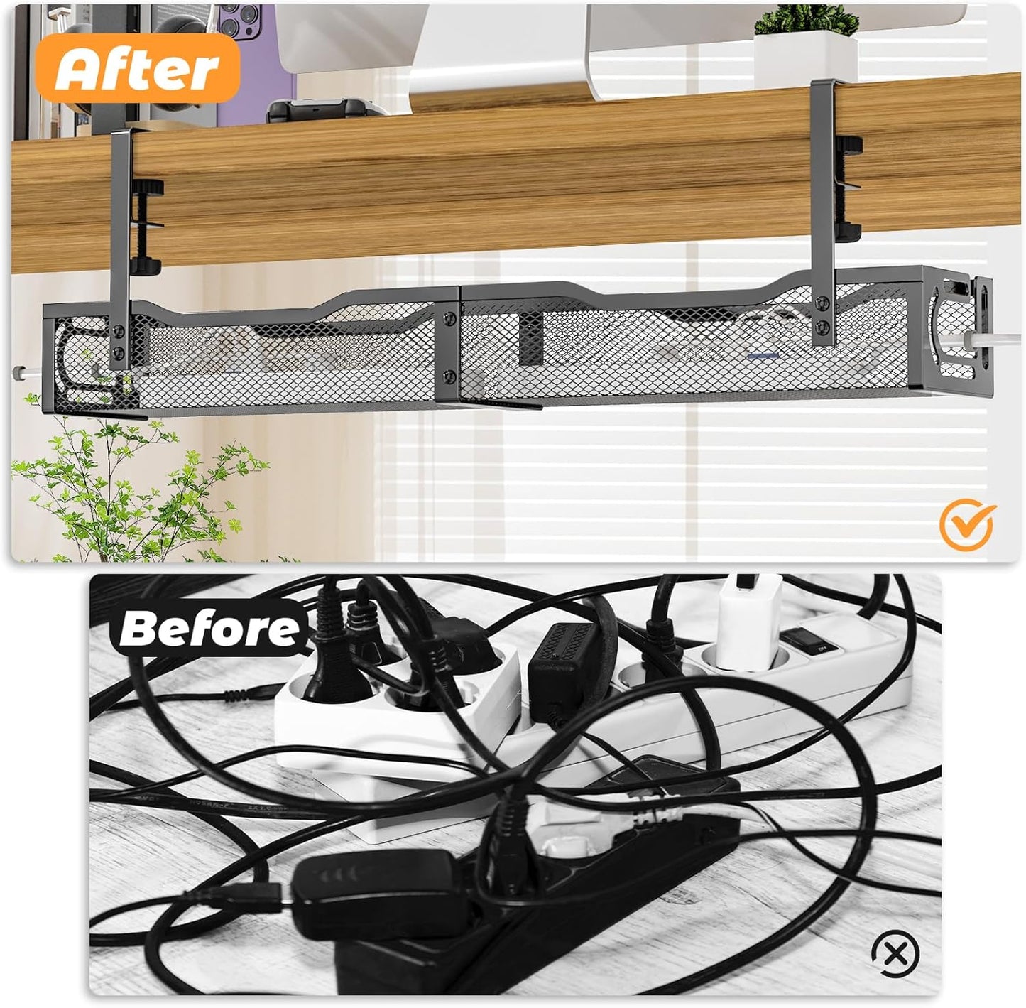 Under Desk Cable Management Tray, No Drill Steel Desk Cable Organizers, Wire Management Tray Cable Management Rack (24.4" Length-Black)