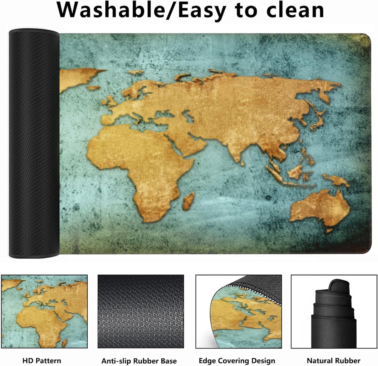 Desk Mat,World Map Extended Gaming Mouse Pad,Large Non-Slip Rubber Base Mousepad with Stitched Edges,Waterproof Mouse Mat Desk Pad for Office Game Home 35.4x15.75 in