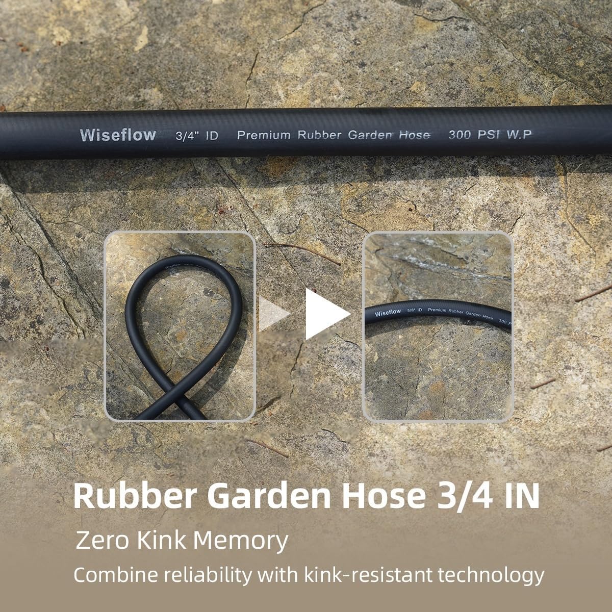WiseFlow Garden Hose 150FT x 3/4", Heavy Duty Rubber Hose, Water Hose with Five Layered Braiding, Male Female Fittings, 1000PSI Burst, 300PSI Working (Black)