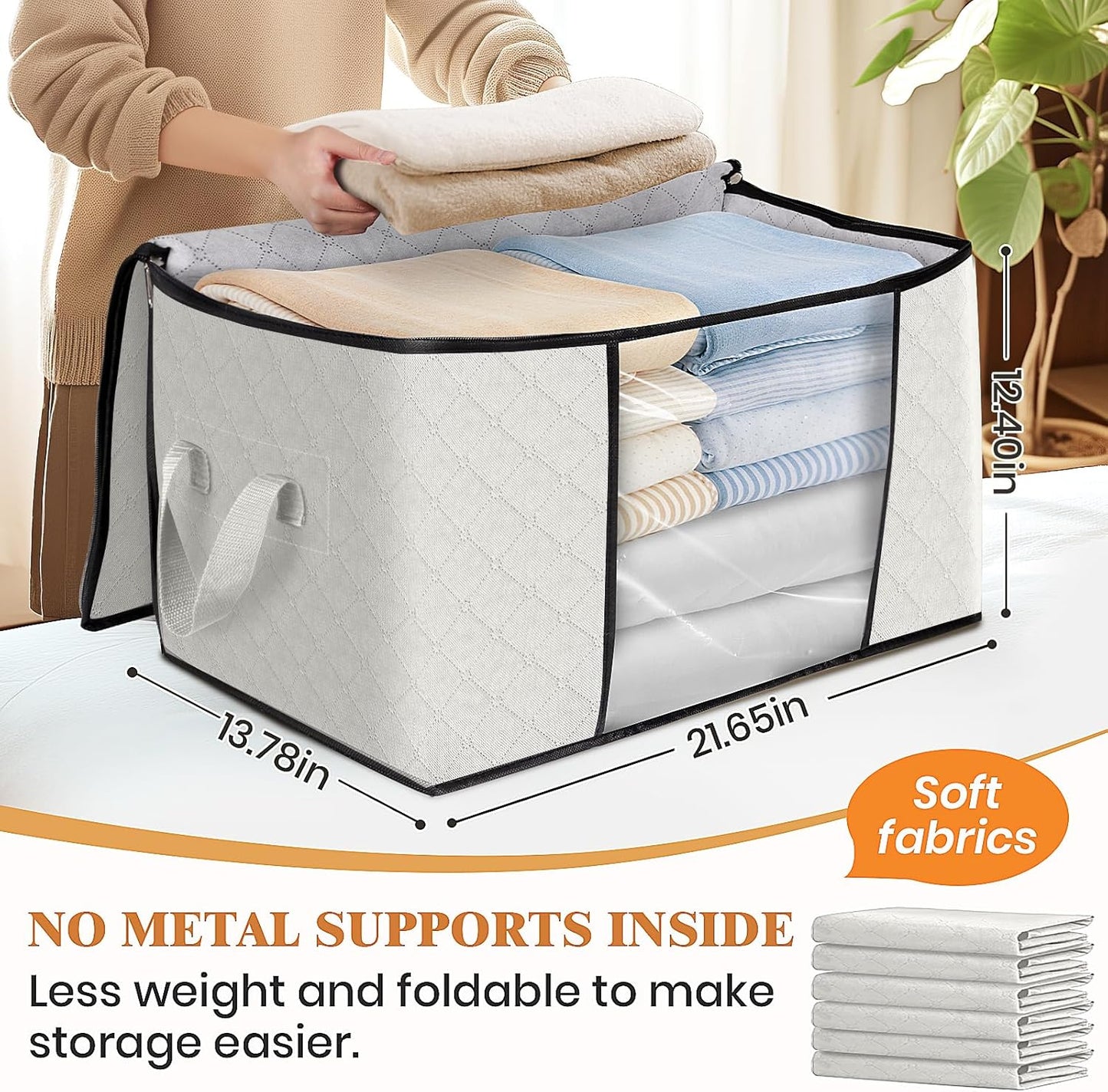 Fab totes 4 Pack Clothes Storage, Foldable Thick Fabric Blanket Storage Bags, Containers for Organizing Bedroom, Closet, Clothing, Comforter, Organization with Handle,Ivory White