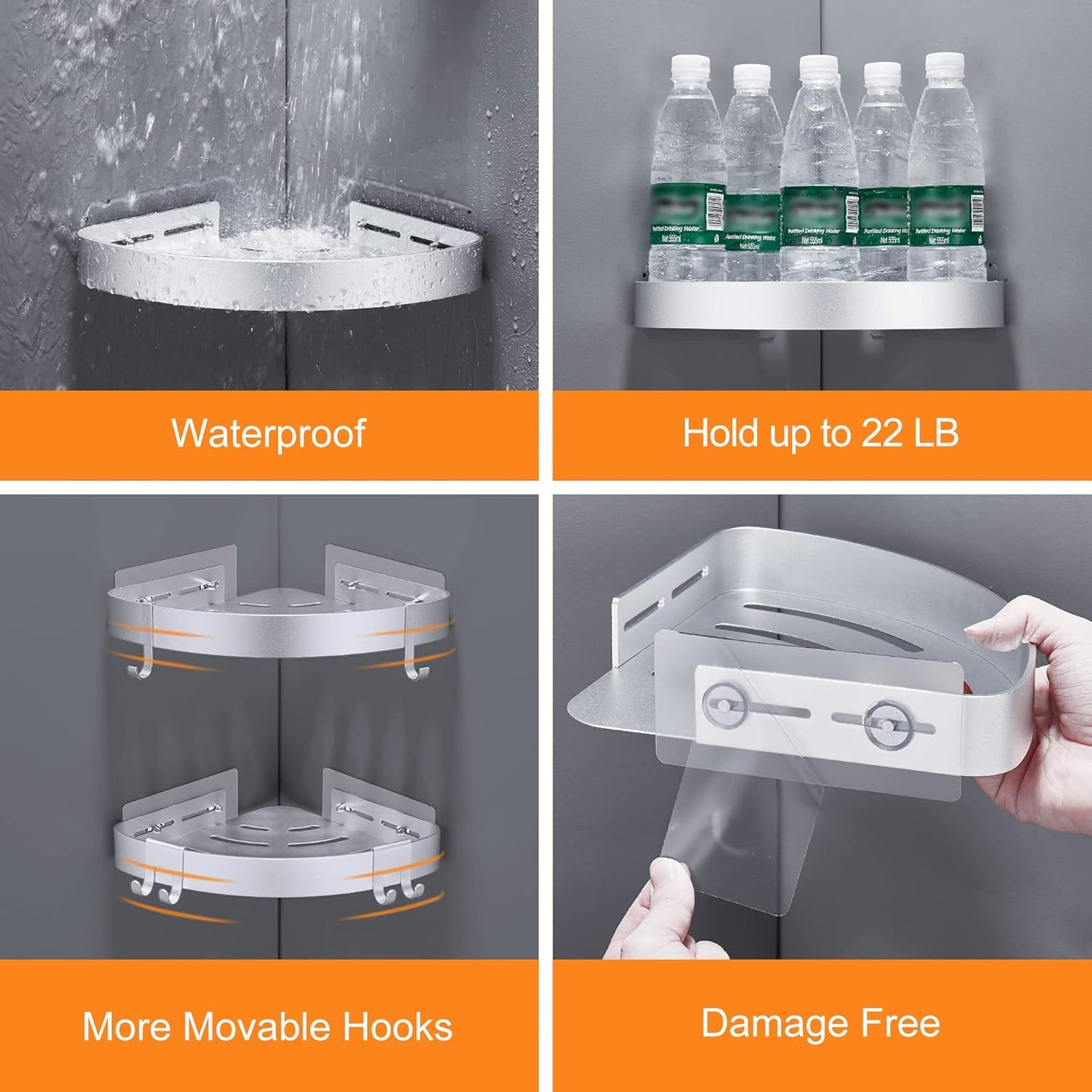 Adhesive Corner Shower Caddy with Hooks,Bathroom Shower Organizer, No Drilling Rust Proof Aluminum Shower Shelf for Inside Shower 2 Pack (Silver)