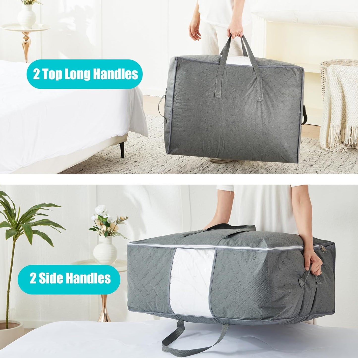 105L Extra Large Storage Bags for Blankets, King Comforters, Bedding, Clothes, Pillows, Sheets - Closet Organizers and Storage with 4 Handles & Clear Window, Foldable & Breathable (Grey, 6pack)