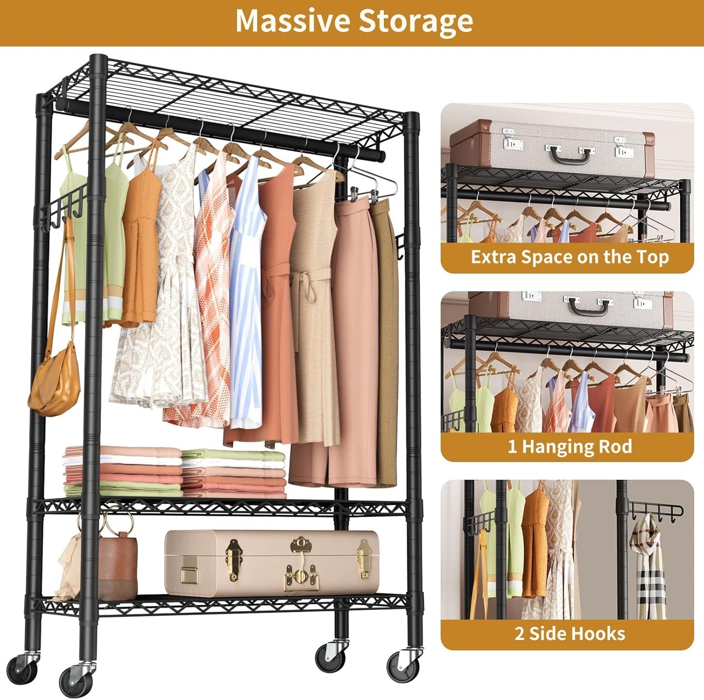 Heavy Duty Clothes Rack Rolling Garment Rack,3 Tier Adjustable Wire Shelving Clothing Racks for Hanging Clothes with Hanger Rod&Side Hooks,Freestanding Wardrobe Storage Rack Metal Portable Closet