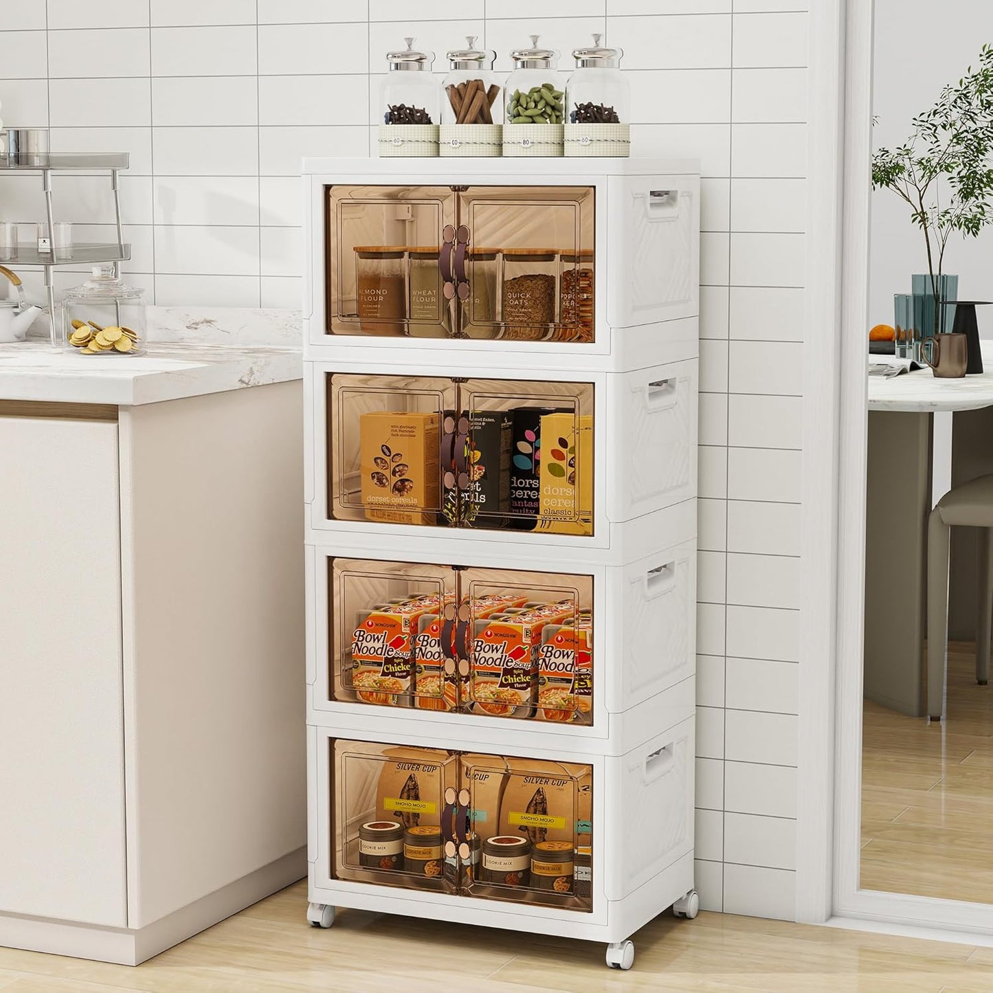 Storage Bins with Lids and Wheels, Collapsible Bathroom Storage Cabinet with Clear Doors, Plastic Stackable Closet Organizers and Storage Containers White 180 QT
