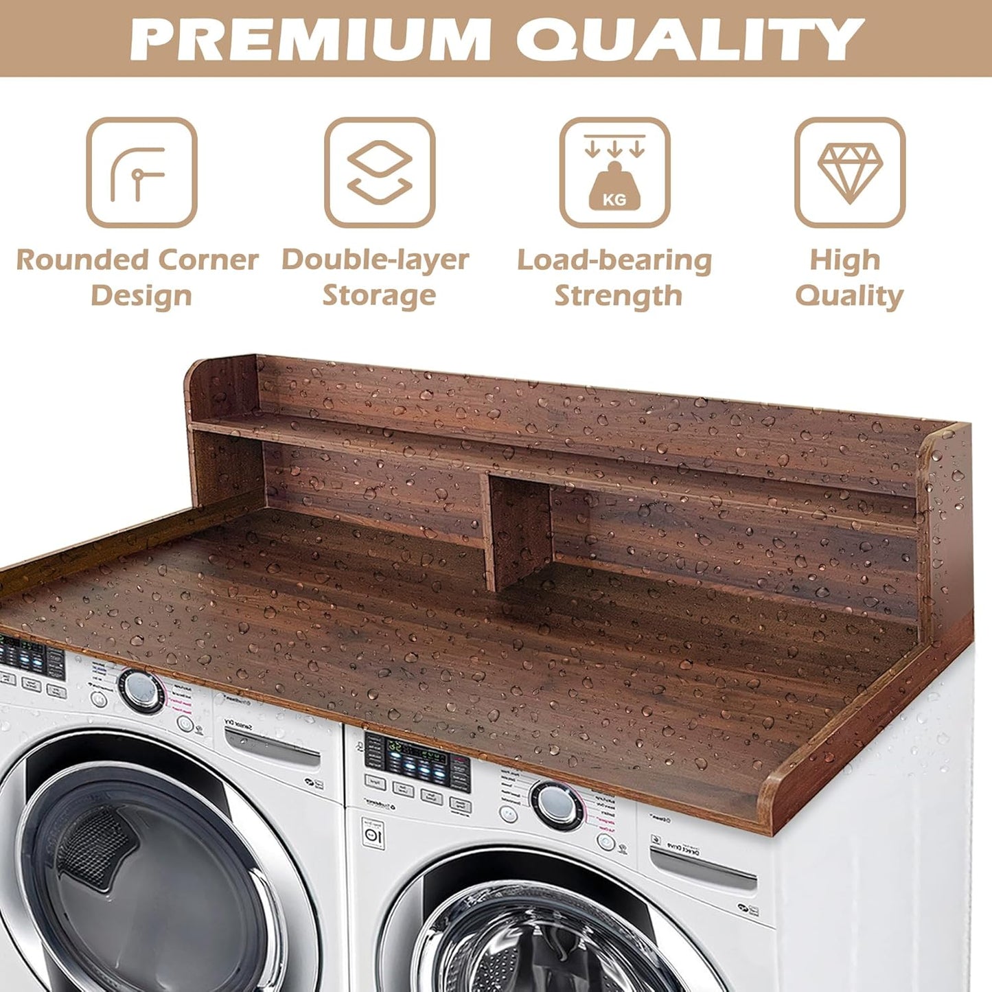 Royxen Laundry Countertop with 2-Tier Shelf Universal Fit, Washer and Dryer Countertop with Storage Space, Shelf Height 11.5 Inches, Solid Wood Core, Walnut