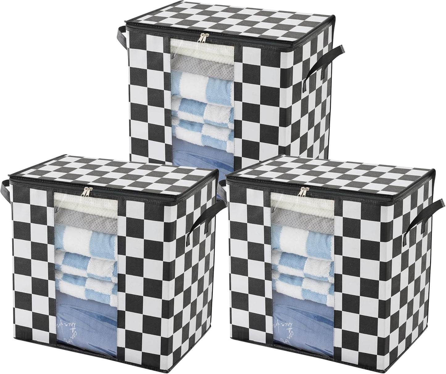 Black and White Checkered Clothes Storage Bins, 100L Large Blanket Storage Bags 3 Pack, Closet Organizers and Storage Containers for Comforters, Bedding, Foldable Organizer with Handle