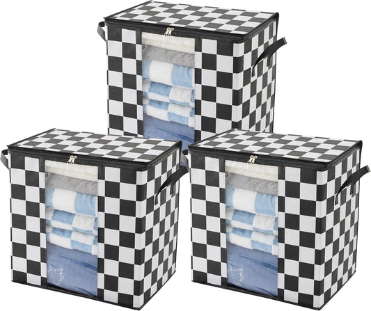 Black and White Checkered Clothes Storage Bins, 100L Large Blanket Storage Bags 3 Pack, Closet Organizers and Storage Containers for Comforters, Bedding, Foldable Organizer with Handle