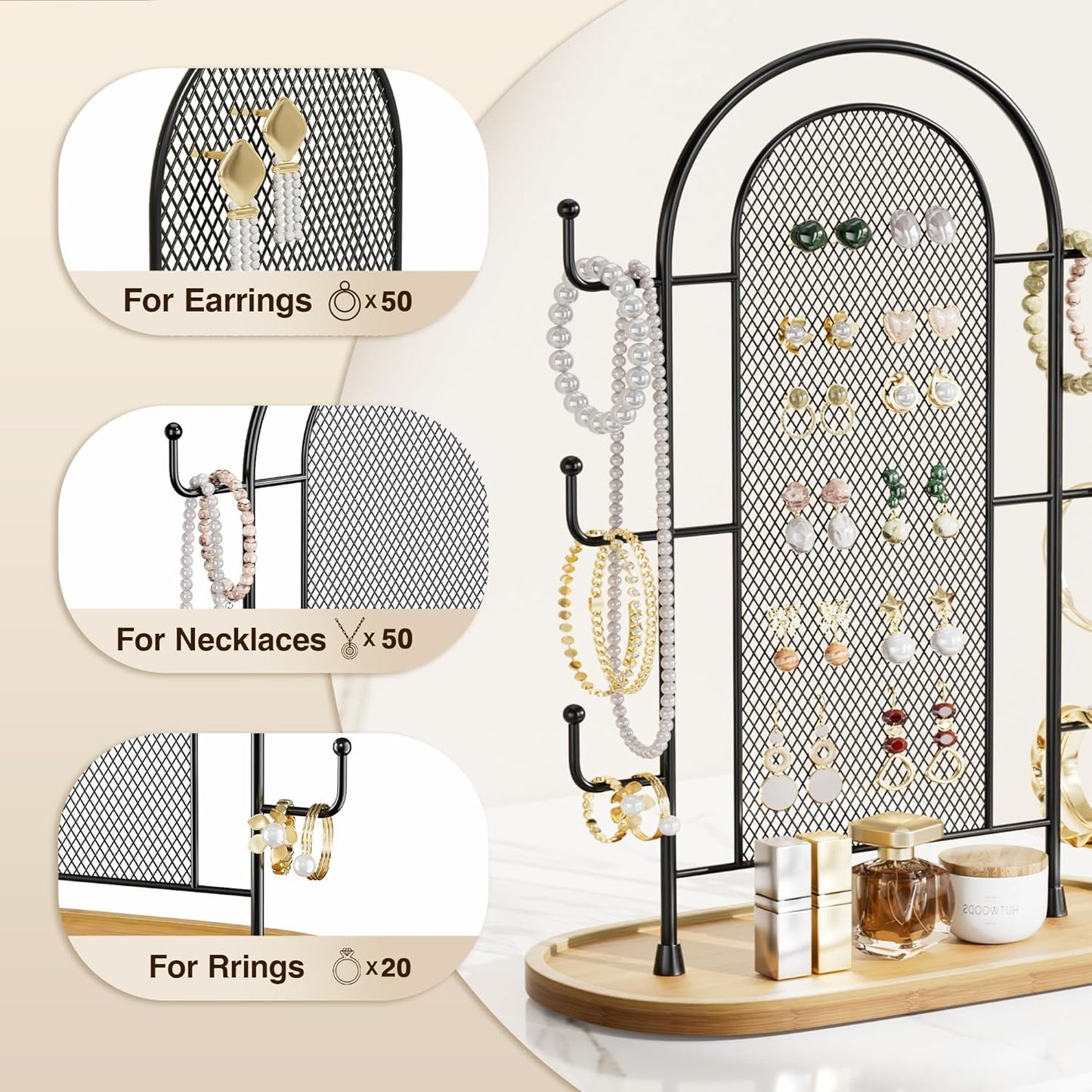 Jewelry Holder Organizer Earring Display - Stands Earring Storage Earring tree Hanger Jewelry Towers Rack with 6 Hooks 300 Stud Holes Wood Tray for Necklaces Bracelets Rings
