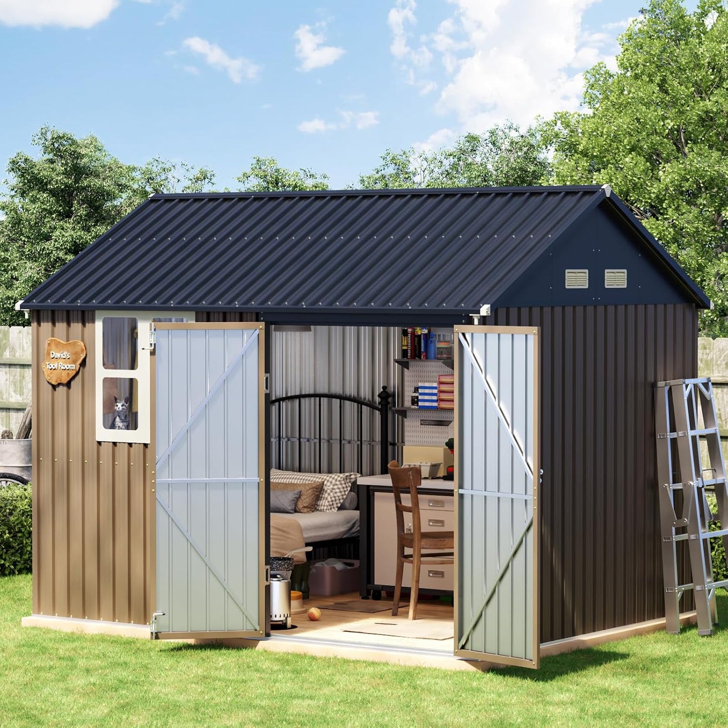 Update 8x10 FT Outdoor Metal Storage Shed, Single Door, 1 Clear Window, Tool Shed for Garden, Patio, Backyard Brown