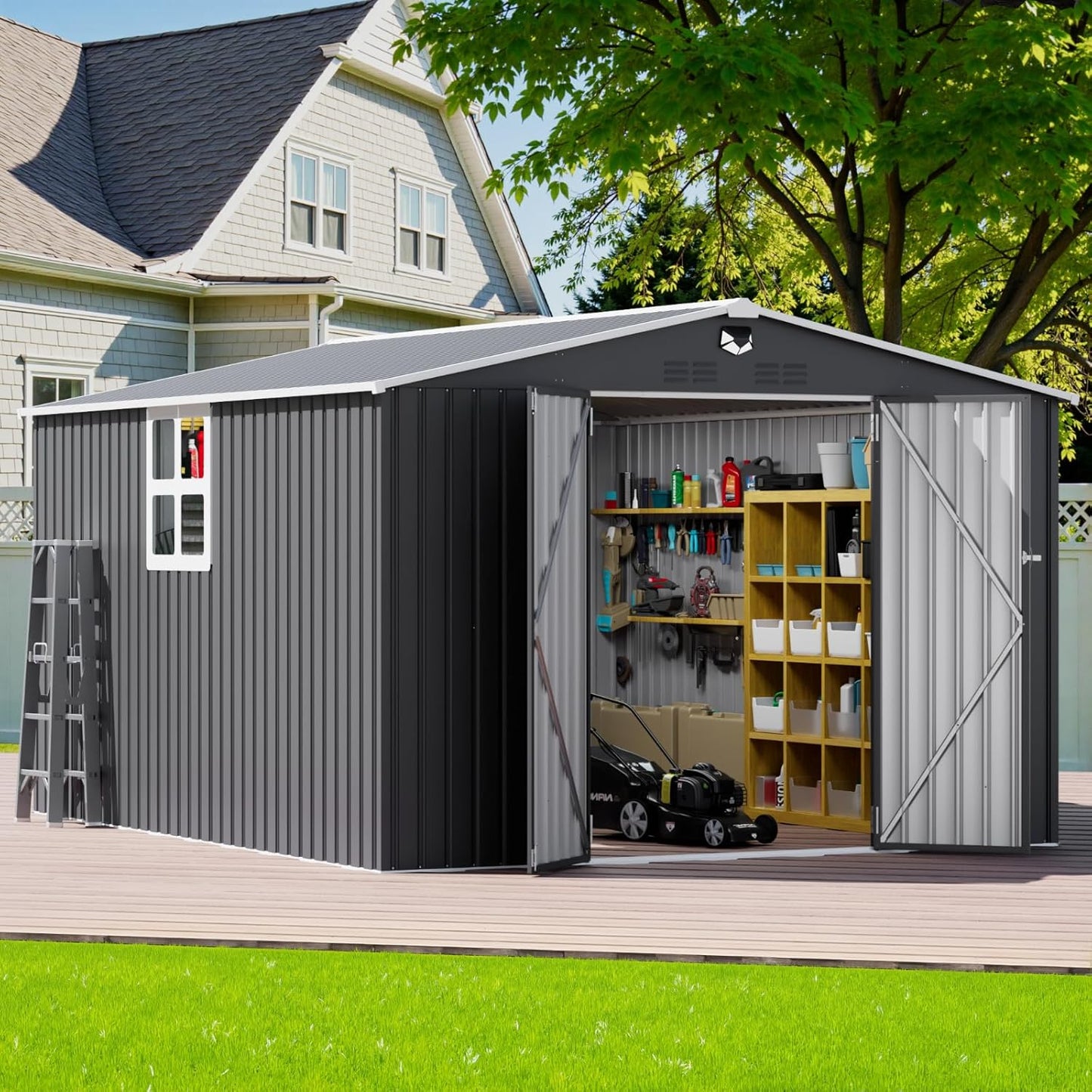 10x12 FT Outdoor Storage Shed, Metal Garden Shed - Tool Storage Sheds with Lockable Doors & 1 Clear Window, Waterproof Outside Storage Building for Backyard, Patio (Black; Floor Not Included)