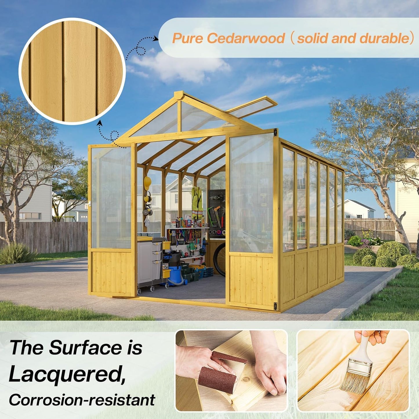 Jocisland 8x9.5x7.5 Ft Wooden Outdoor Storage Shed, Pre-Assembled Cedar Frame, Outdoor Shed with Lockable Door, Adjustable Roof Vents, Polycarbonate Panels for Outdoor, Garden, Backyard
