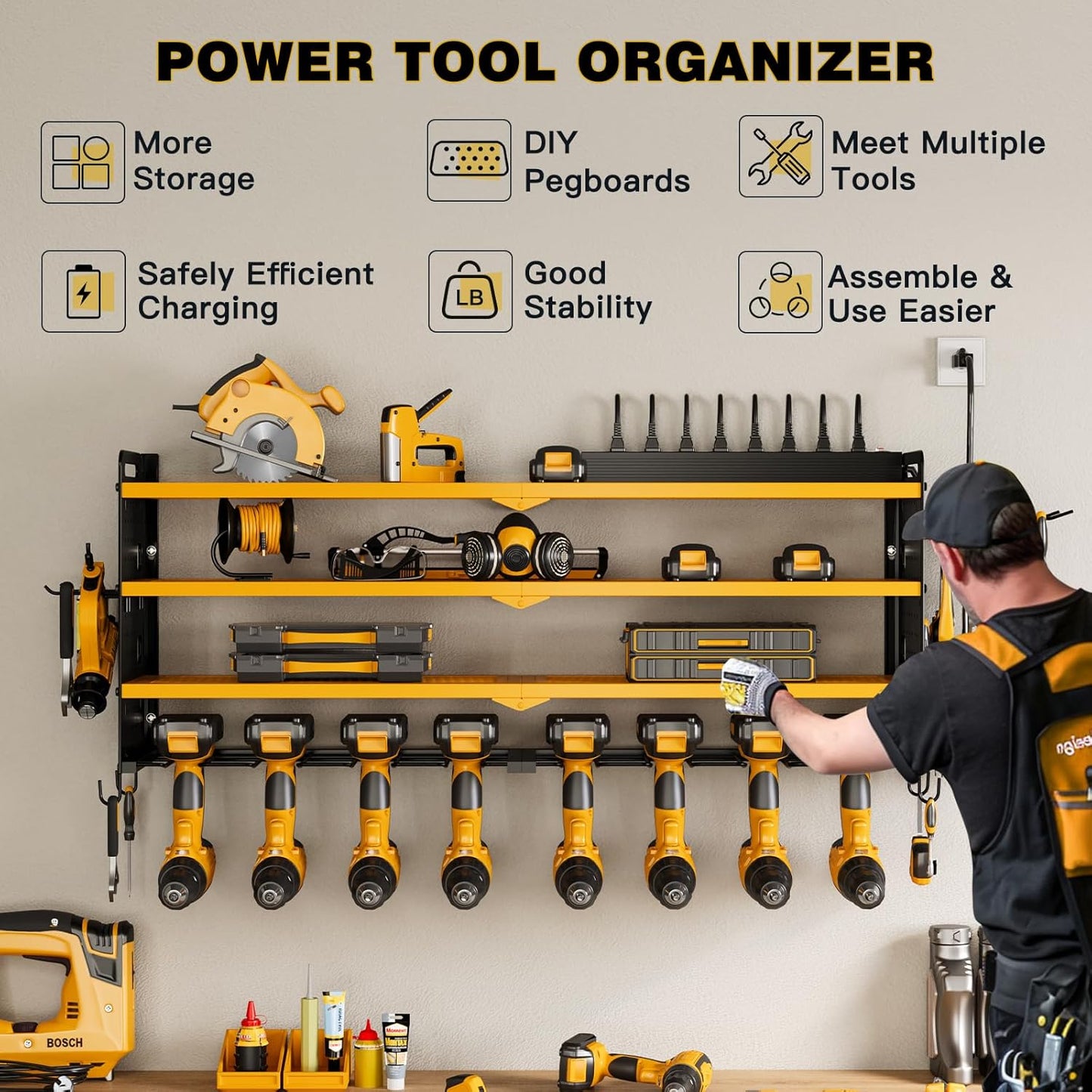 Power Tool Organizer Wall Mount with Charging Station, 8 Drill Holder, 4 Layer Storage Rack for Garage Organization, Tool Holder with 8 Outlet Power Strip (Yellow)