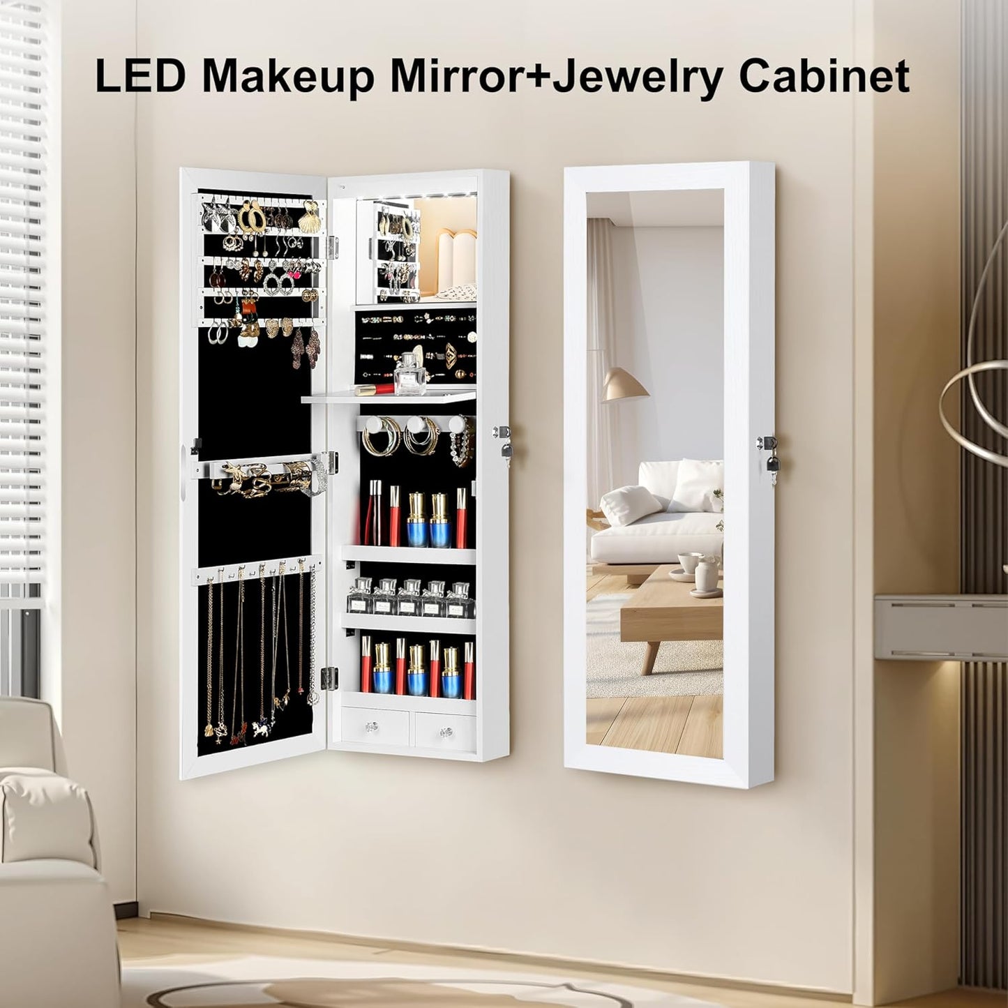 Mirror Jewelry Organizer, Wall/Door Mounted Jewelry Armoire with Full-Length Mirror,Hanging Jewelry Cabinet with LED Interior Lights, White