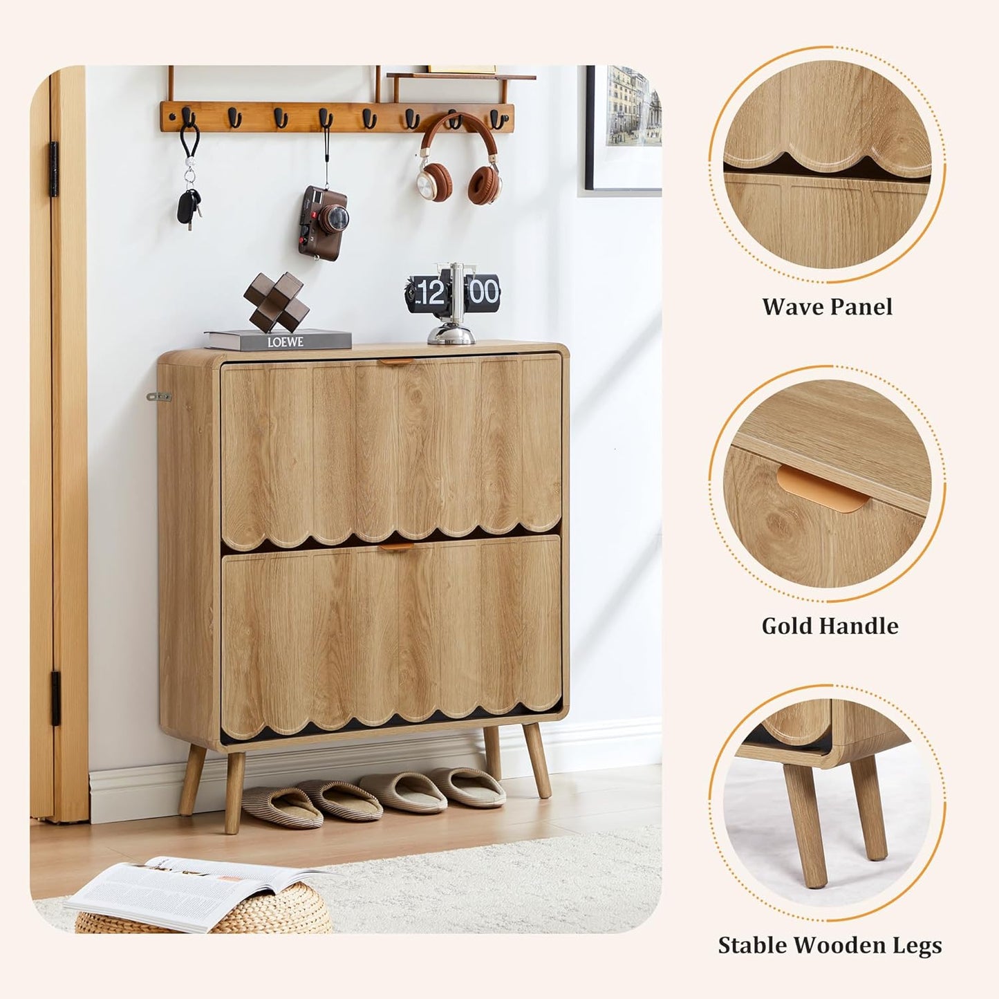 Shoe Storage Cabinet for Entryway with 2 Flip Drawers, Freestanding Narrow Wood Shoe Cabinet with Wave Panel, Hidden Shoe Organizer for Foyer, Hallway (Natural)