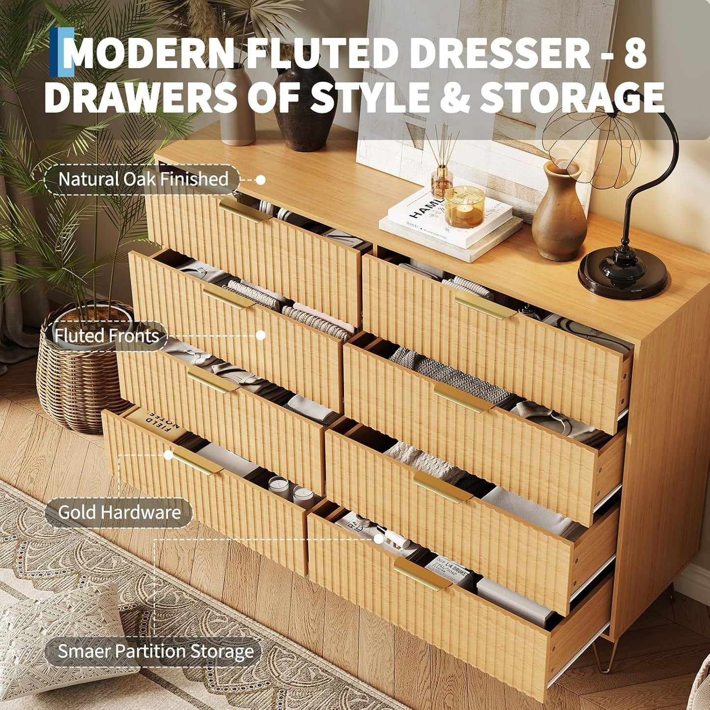 Garvee Fluted Dresser for Bedroom with 8 Drawers,55" Wide Modern Chest of Wooden Bedroom Chest with Metal Handle,Clothes Storage Organizer,Closet Dresser & TV Stand for Living Room,Hallway