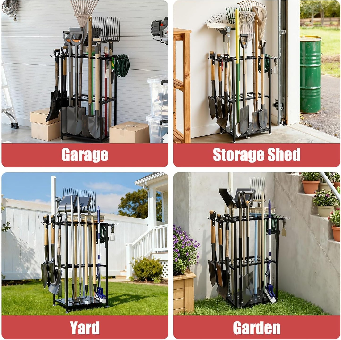 Garden Tool Organizer, 3-Tier Metal Yard Tool Rack with 14 Hooks & 5 Slots, Holds 50+ Rakes/Shovels/Brooms, Heavy Duty Freestanding Lawn Tool Storage for Garage Shed Outdoor Organization