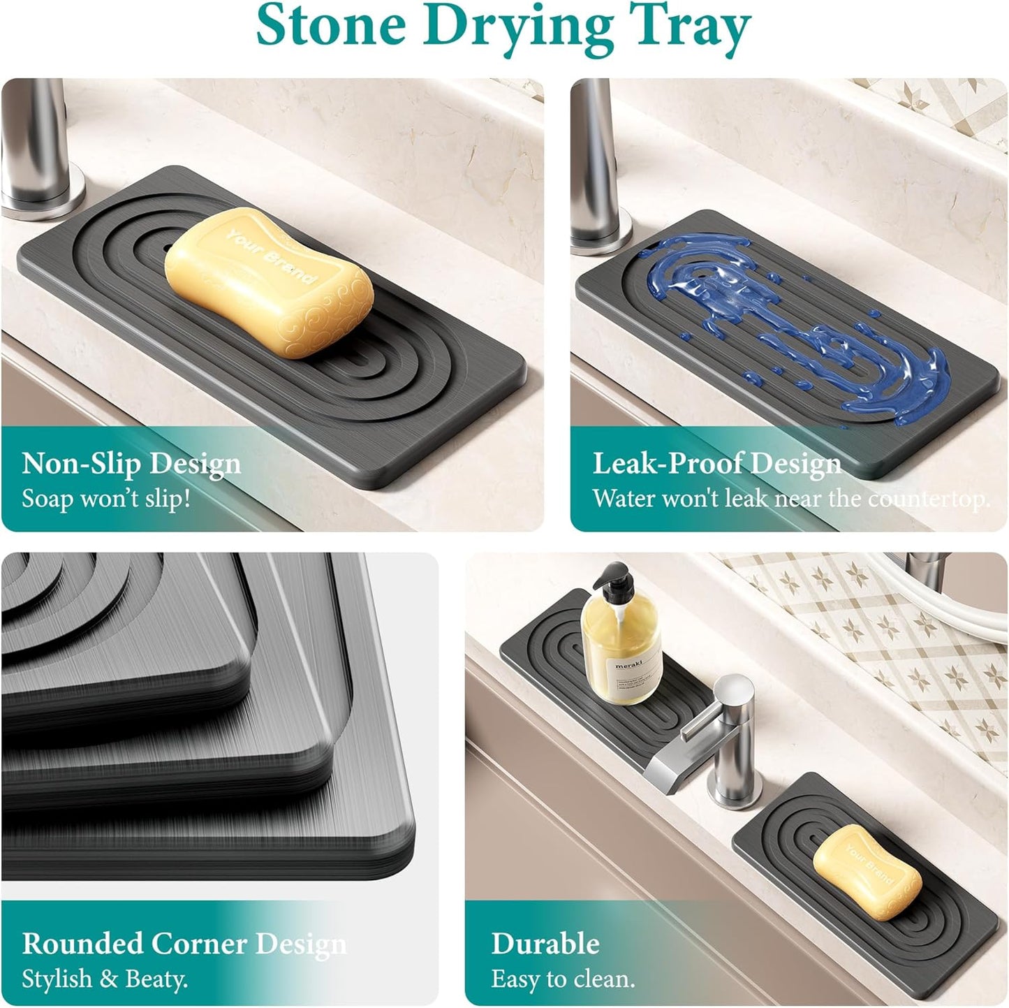Water Absorbing Stone Tray for Sink, Quick Drying Diatomite Bathroom Tray Countertop, Stone Drying Mat for Kitchen Counter Faucet, Soap Dish Dispenser Vanity Organizer, Dark Grey-A-8.3" x 4"