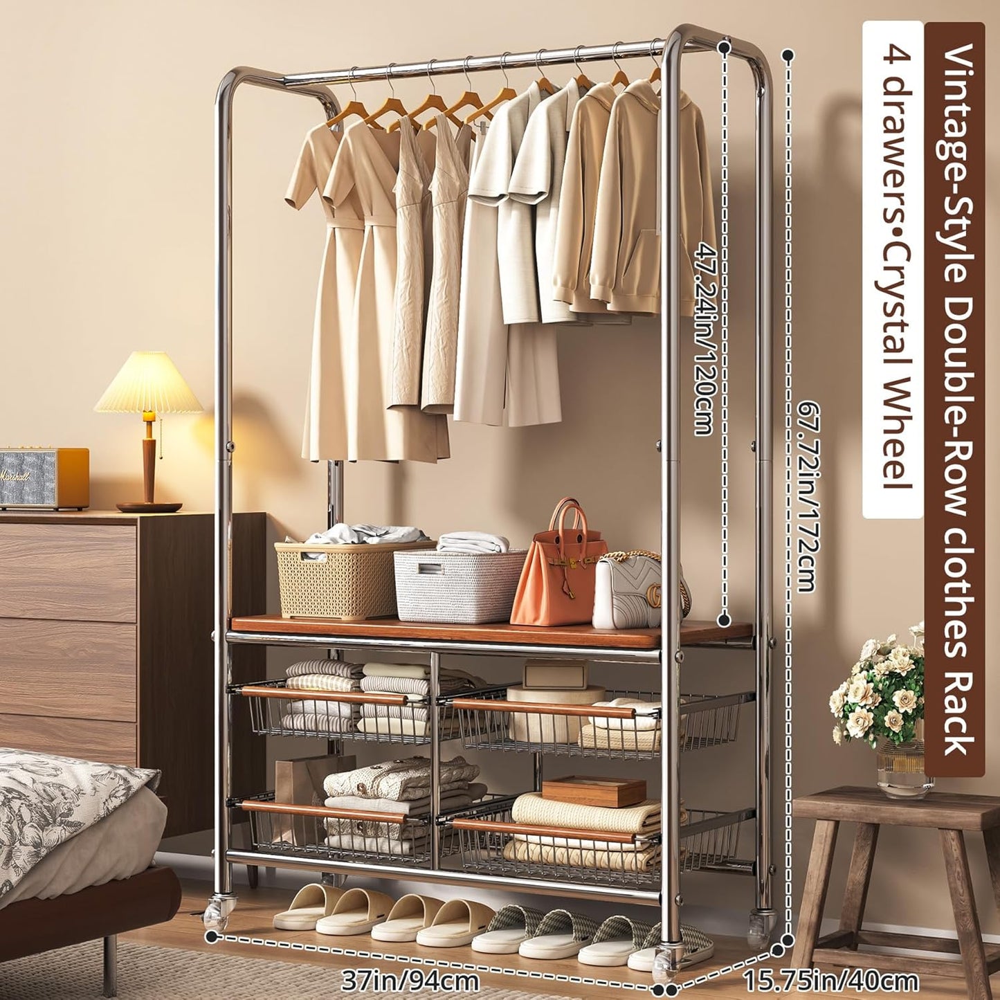 Rolling Clothing Garment Rack for Hanging Clothes–Portable Indoor Wardrobe Closet Organizer Shelves Metal Hanger Stand Heavy Duty Coat Drying Storage Racks with Wheels 15.7"Dx37"Wx67.7"H Chrome
