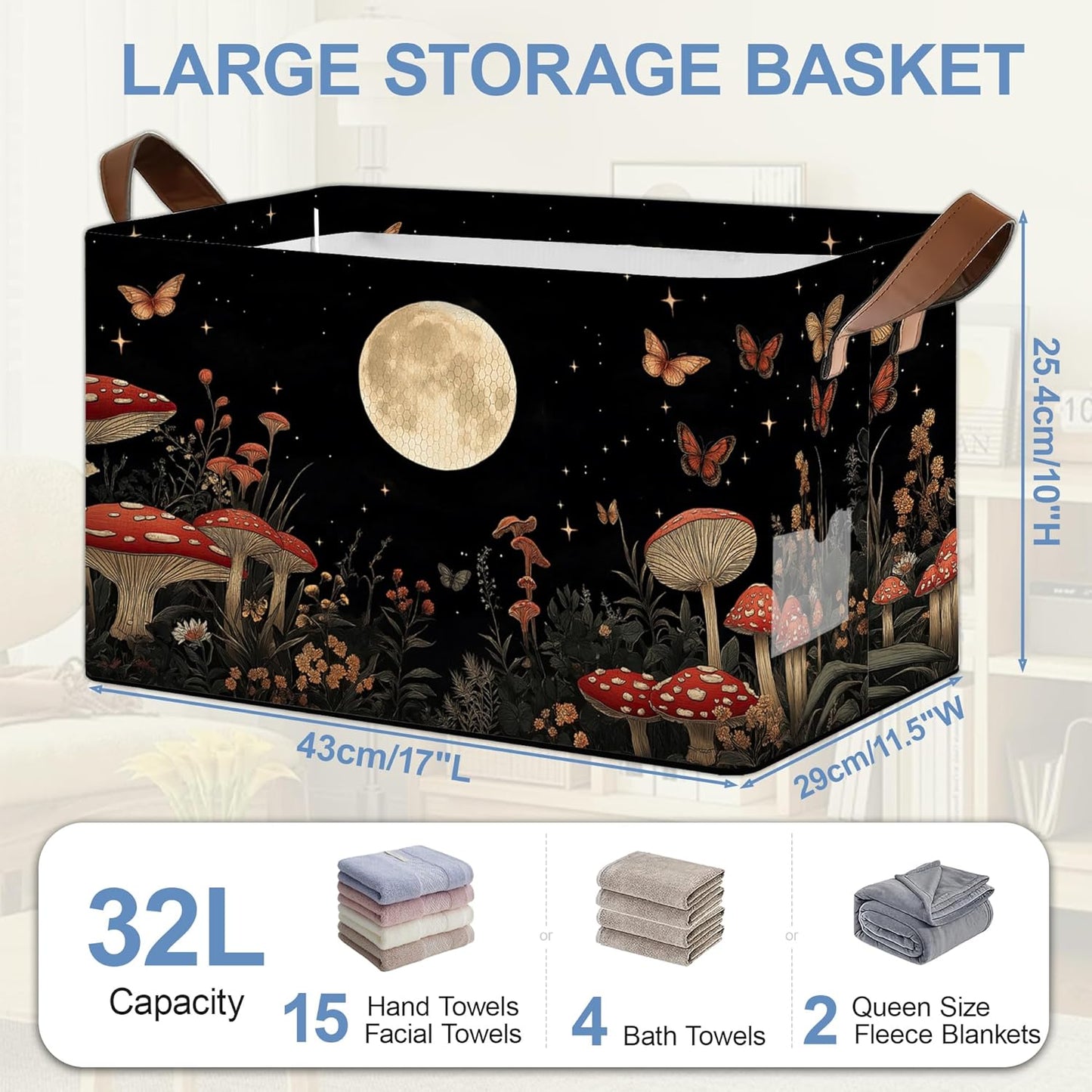 Mushroom Moon Storage Baskets,Butterfly Plants Foldable Organizer Bin with Handles for Home Living Room Bedroom Closet Box 17x11.5x10Inch