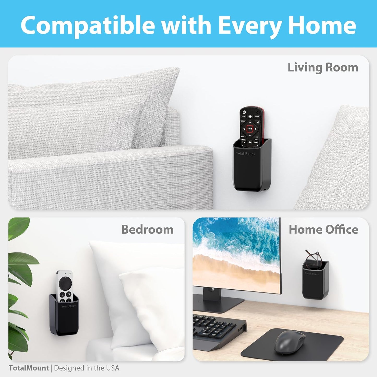 TotalMount Hole-Free Remote Holders – Eliminate Need to Drill Holes in Your Wall (Black Remote Control Holders, Quantity 2)