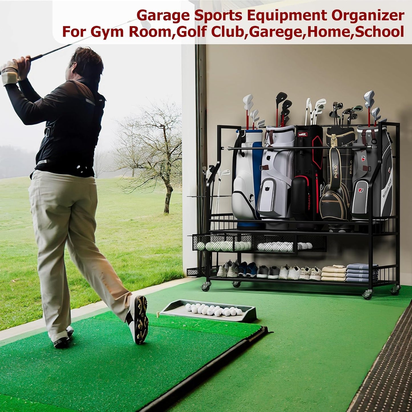 Golf Bag Storage Rack on Wheels, Mobile 5-Bag Organizer with Accessory Drawer for Golf Bag and Equipment Accessories Garage, Home, Basement