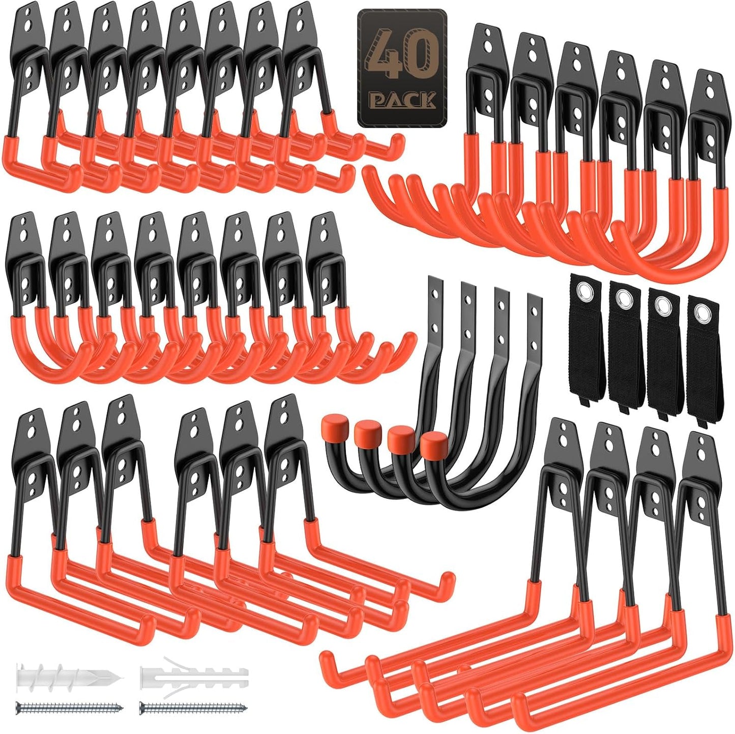 40 Pack Utility Steel Heavy Duty Wall Mount Garage Hooks,with Anti-Slip Coating,for Hanging Bikes,Ladder,Ropes,Bulk Items,Power,Yard and Garden Tools