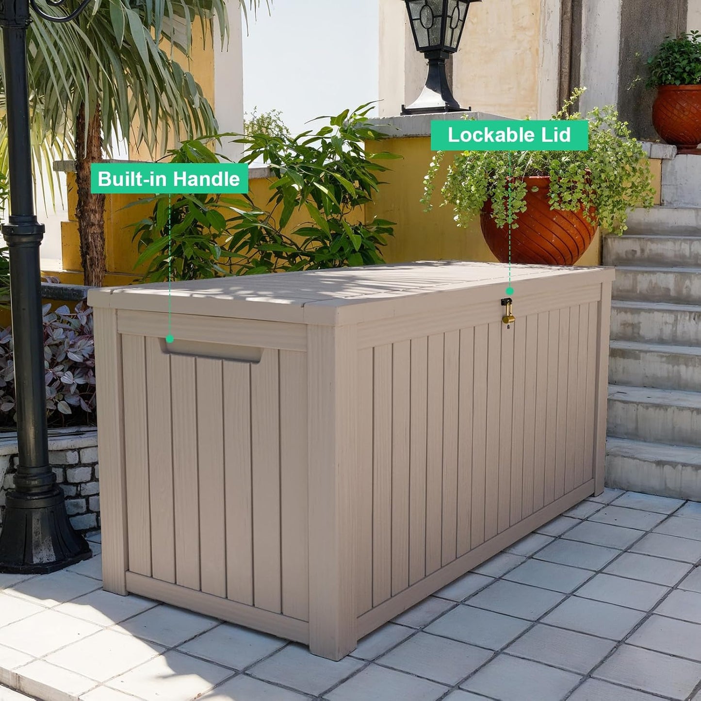 200 Gallon Resin Deck Box, Lockable Patio Outdoor Storage Box for Furniture, Garden Tools and Tools Storage, Waterproof Outside Storage Boxes - Grey