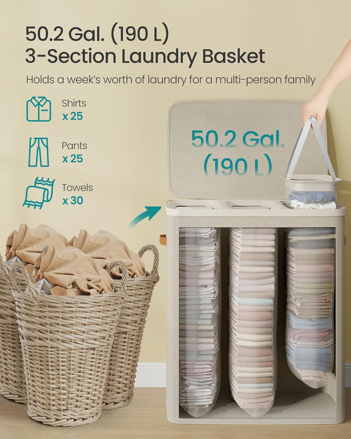 SONGMICS Laundry Basket, 50.2 Gal. Laundry Hamper, 3 Compartments, Easy Assembly, with Lid and Handles, Removable Liners, 25.2 x 15.7 x 29.5 Inches, Cappuccino Beige ULCB814LH01