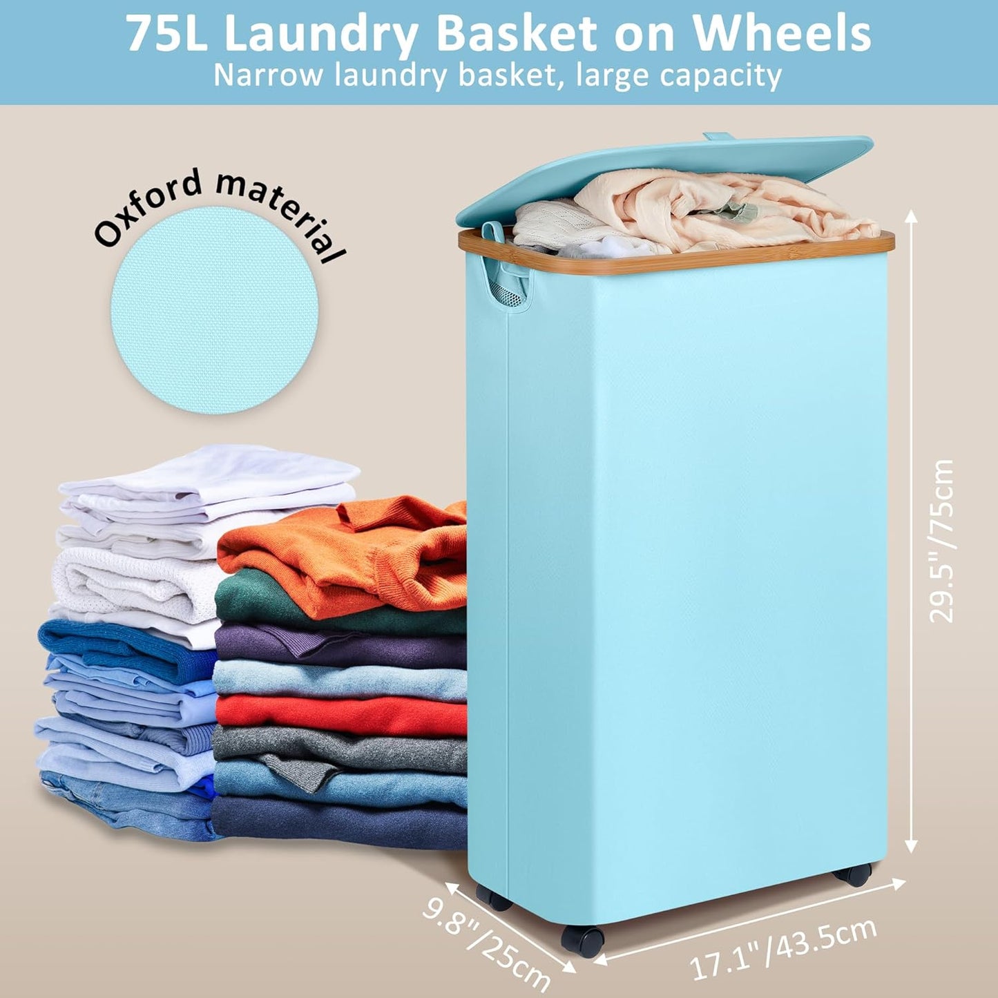 efluky Laundry Basket with Wheels, Tall Rolling Laundry Hamper with Lid and Removable Bag, Aesthetic Dirty Clothes Hamper on Wheels for Laundry Room, Bedroom, Dorm and Bathroom, 75L Glacier Blue