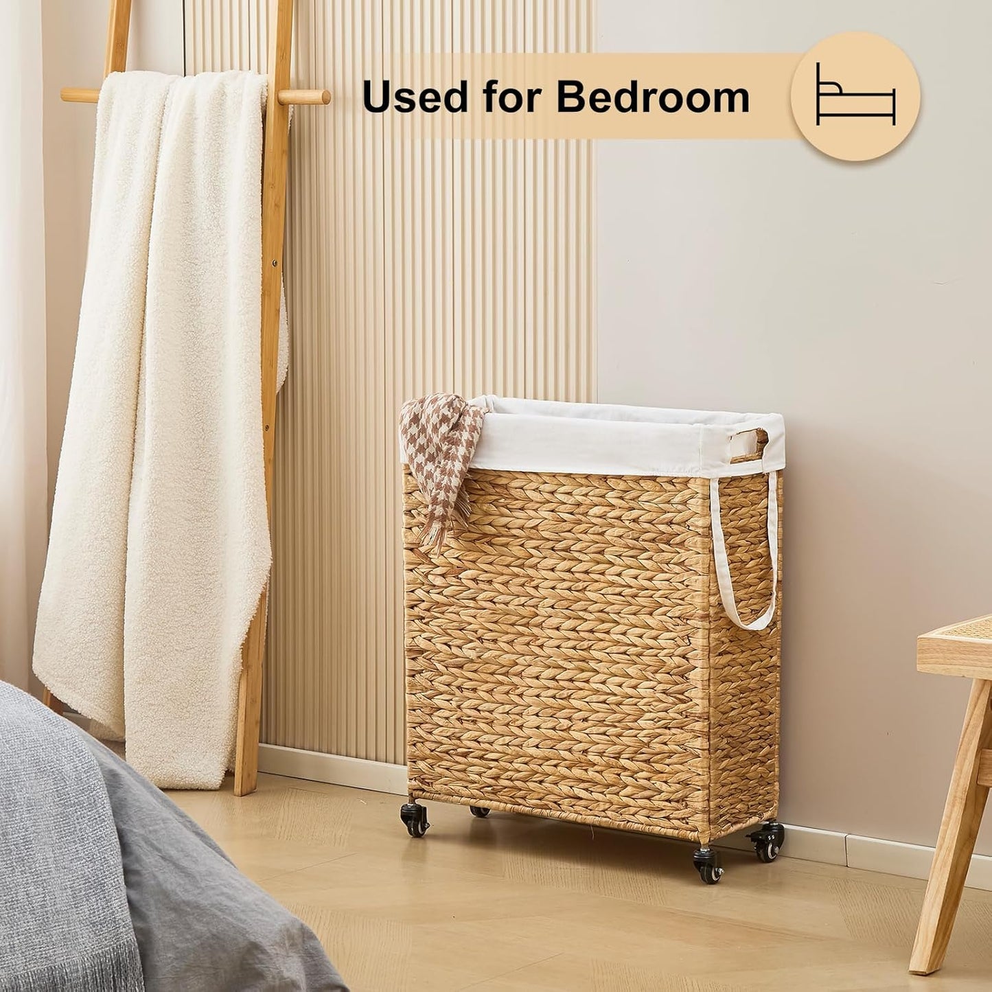 Rolling Laundry Hamper with Wheels, Slim Laundry Basket with Removable Liner Bag & 2 Mesh Bags, Handwoven Water Hyacinth Clothes Hamper for Bedroom Bathroom (Natural, 85L)