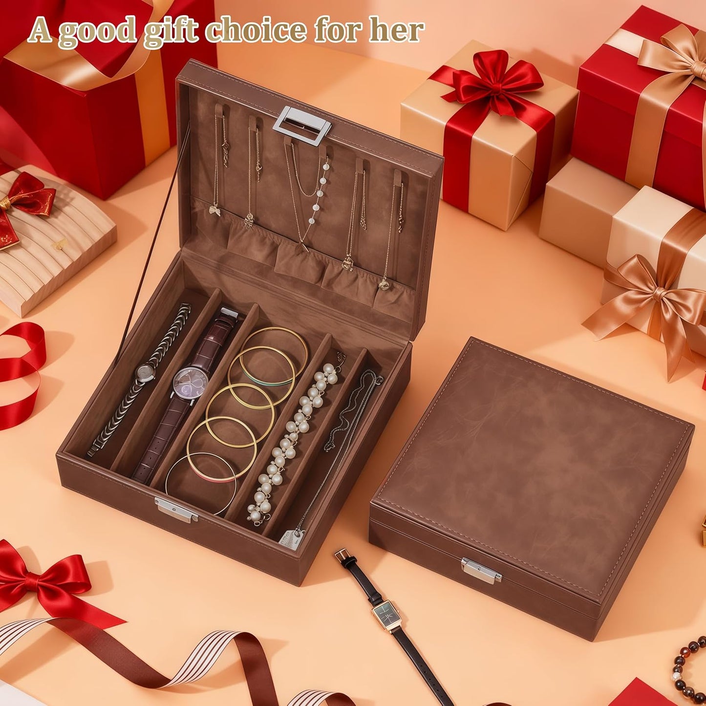 BEWISHOME Necklace Organizer Box, 2-Layer Jewelry Box to Save Space, Modern Style Necklace Storage Box, Brown Necklace and Bracelet Holder for Women, Girls, SSH31Z