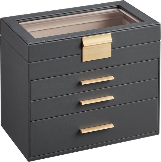 SONGMICS Jewelry Box Organizer with Glass Lid, 4-Layer Jewelry Storage, with 3 Drawers, Modern Style, Christmas Gift, 6 x 9.9 x 8.5 Inches, Gray and Gold Color UJBC161C01
