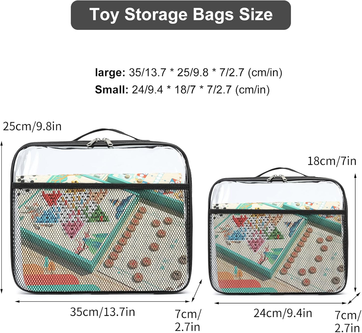 4 Pack Toy Storage Organizer Bags 13.7"L x 2.7"W x 9.7"H | Clear Waterproof Toy Organize for Building Blocks, Puzzles, Board Games | Travel-Friendly with Name Tag & Mesh Pocket (Large, Black)