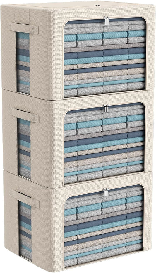 CYhom 3Pack Frame Storage Box - Clothes Storage Bin Bags Oxford Fabric Foldable Stackable Container Organizer Set with Clear Window & Carry Handles Large Capacity (Beige, Large-66L)