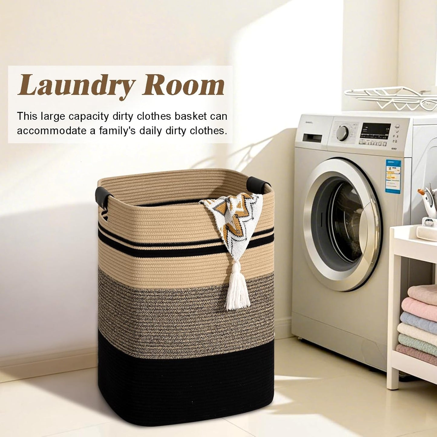 Laundry Hamper, 75L Tall Laundry Basket with Leather Handles, Rectangle Large Clothes Hamper for Organizing, Cotton Woven Laundry Baskets Storage Hampers for Bedroom, Nursery, Living Room