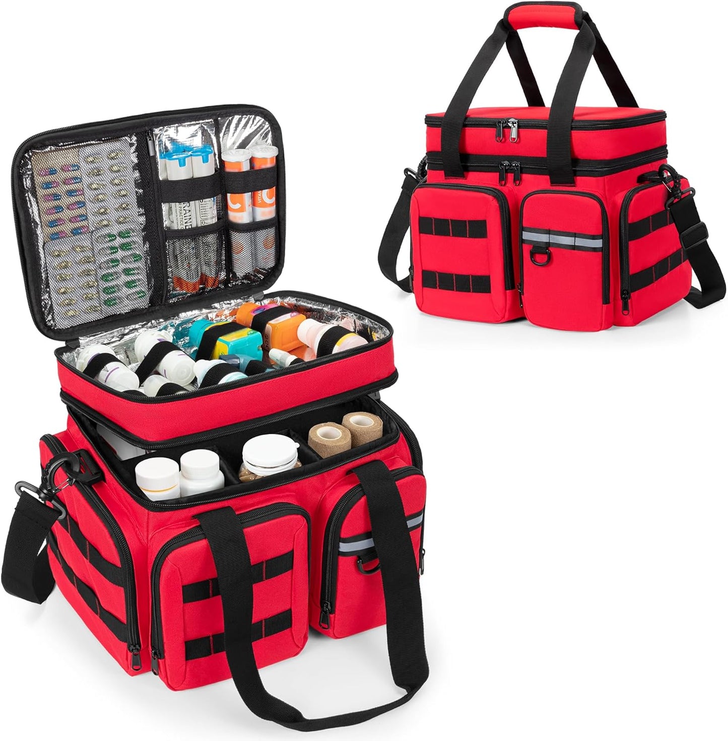 Medicine Organizer Bag with Insulated Pocket for Travel, Pill Bottle Storage Bag with 4 Customized Dividers & Shoulder Strap for Medication, Insulin and First Aid Supplies, Red (Bag ONLY)