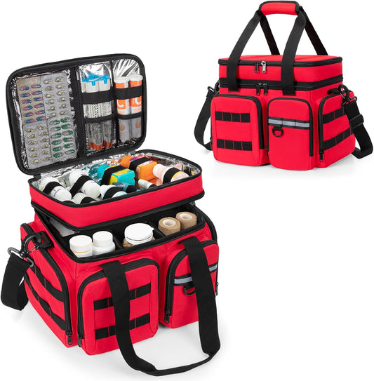 Medicine Organizer Bag with Insulated Pocket for Travel, Pill Bottle Storage Bag with 4 Customized Dividers & Shoulder Strap for Medication, Insulin and First Aid Supplies, Red (Bag ONLY)