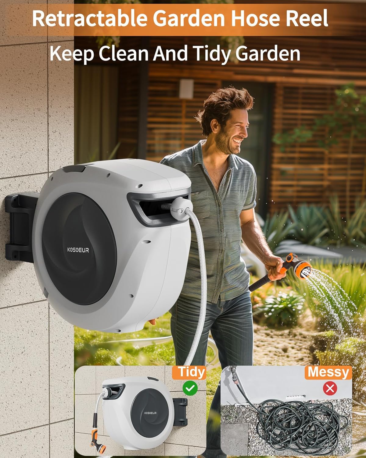 KOSOEUR Retractable Garden Hose Reel, 1/2 In X 100 ft Retractable Hose Reel, Automatic Retractable Water Hose Reels for Outside with 10 Pattern Nozzle, Any Length Lock Auto-retract 180° Swivel Bracket